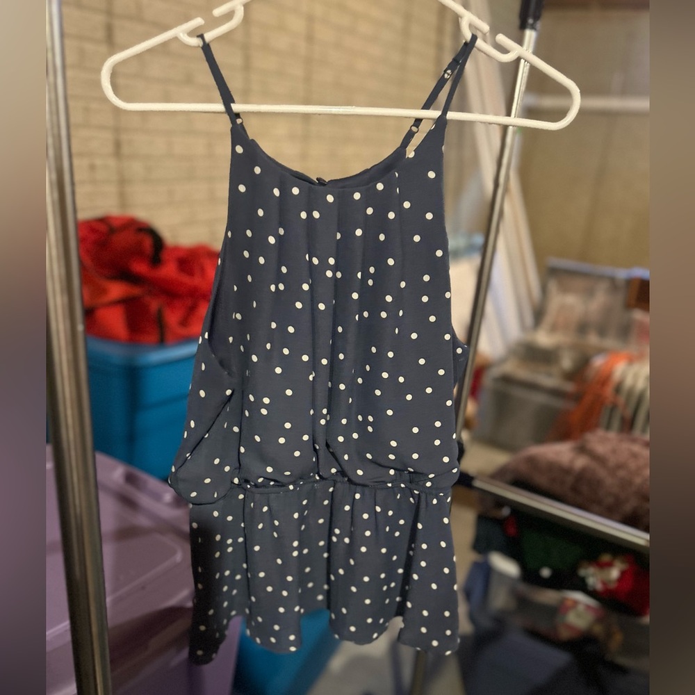 Willow Root slate blue with cream polka dots spaghetti strap tank size large